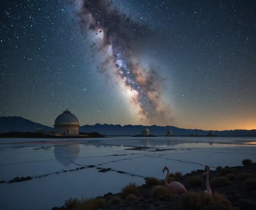 Open observatory domes under the bright Atacama night sky