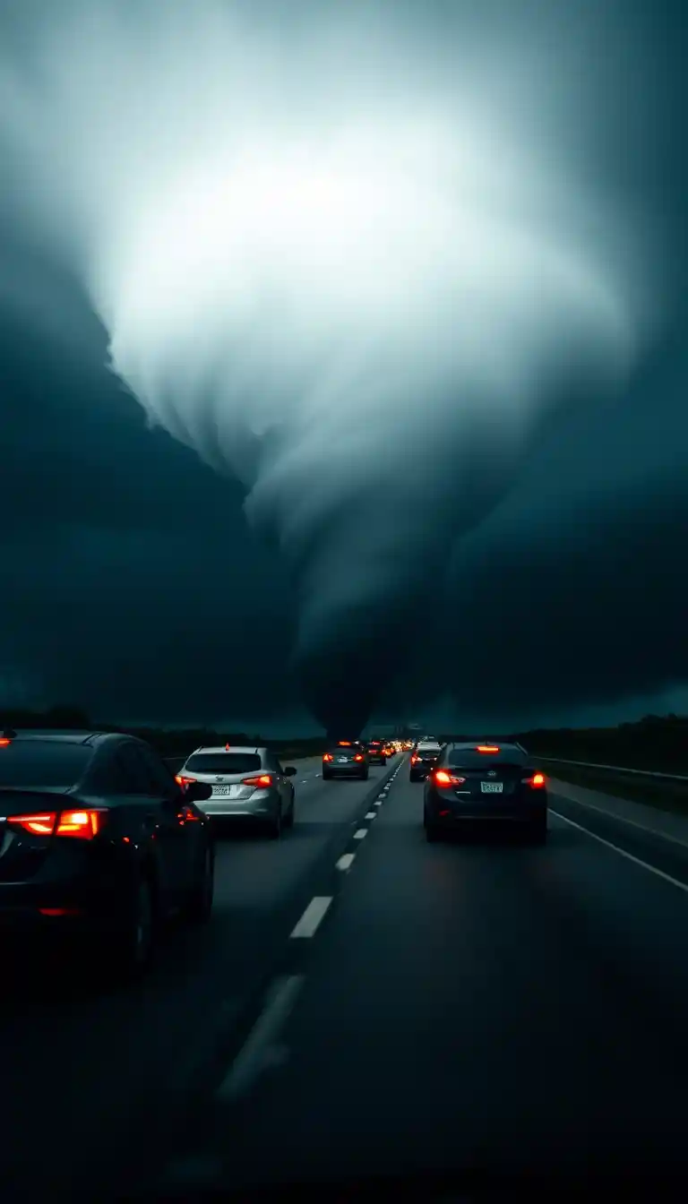 Dunkler Tornado kreuzt nahe an Autos auf der Interstate