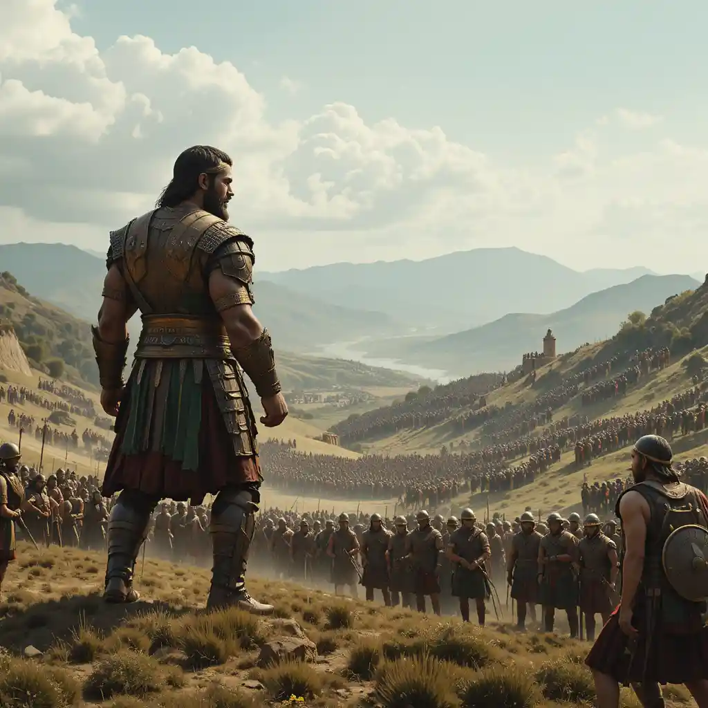 Giant warrior challenges armies across the ancient valley