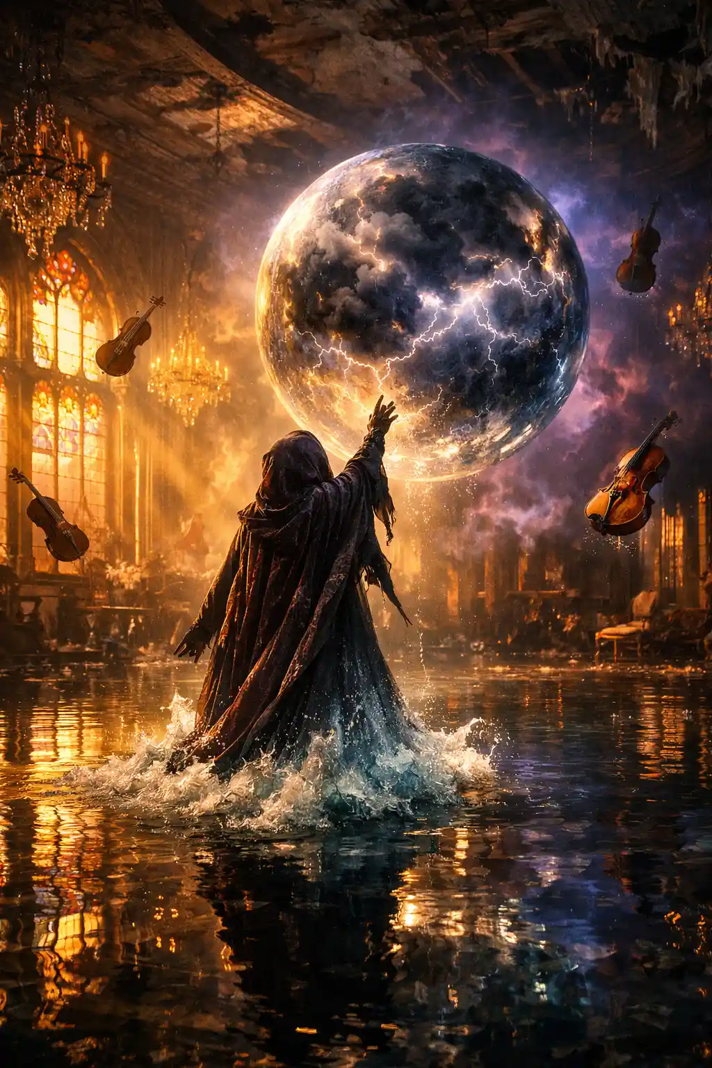 Cloaked figure reaching toward a storming lightning orb
