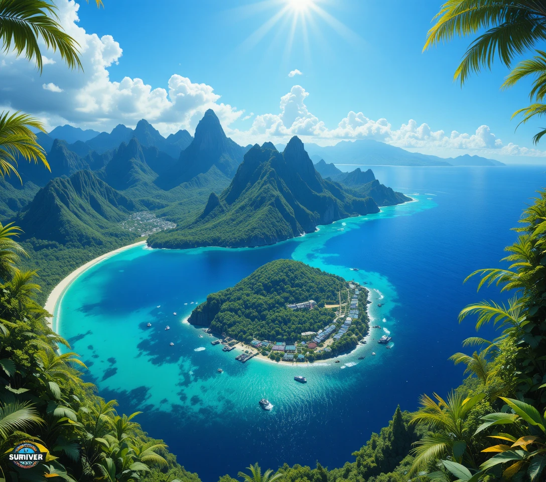 Aerial view of a lush tropical island surrounded by ocean
