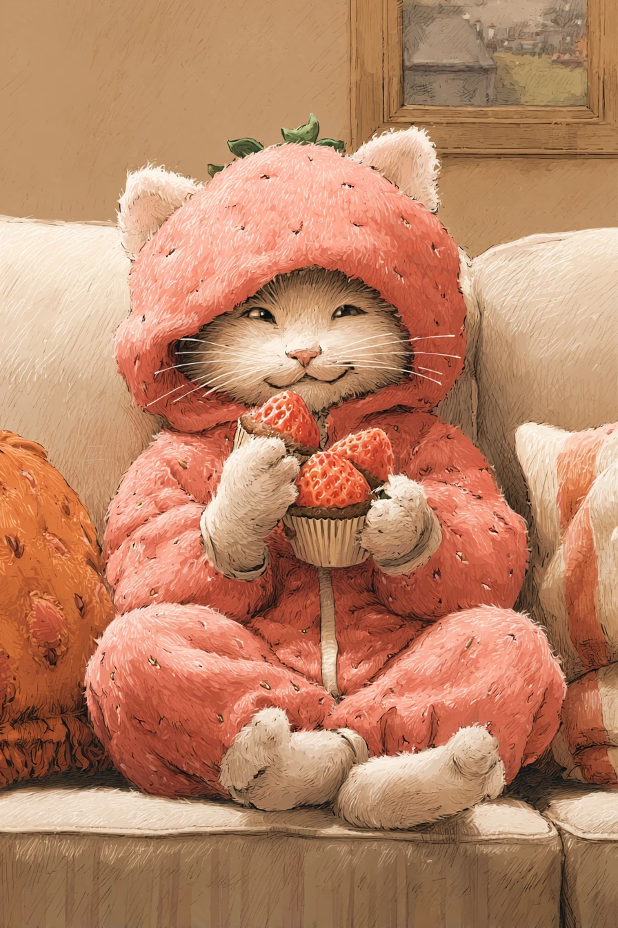 Gattino carino in tutina alla fragola che mangia muffin sul divano