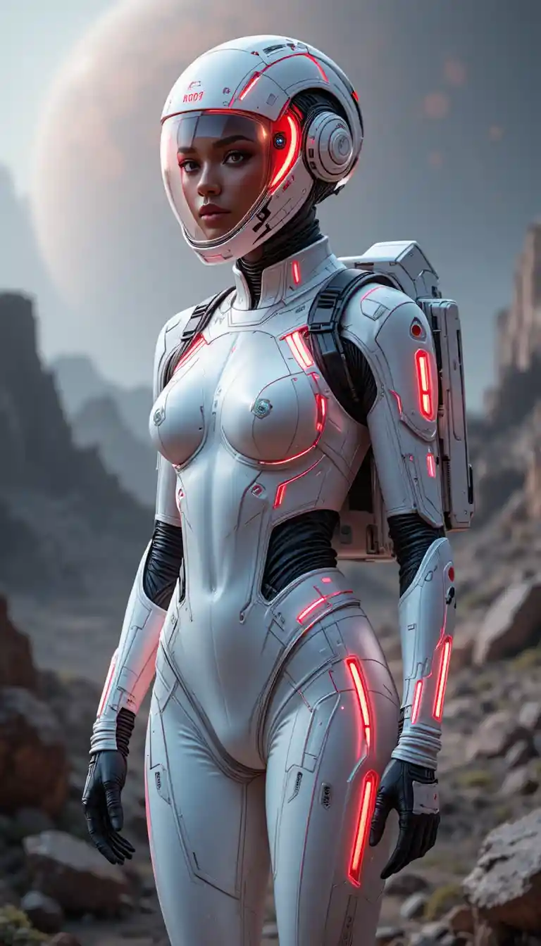 Futuristic Woman In White Bio Suit On Alien Planet