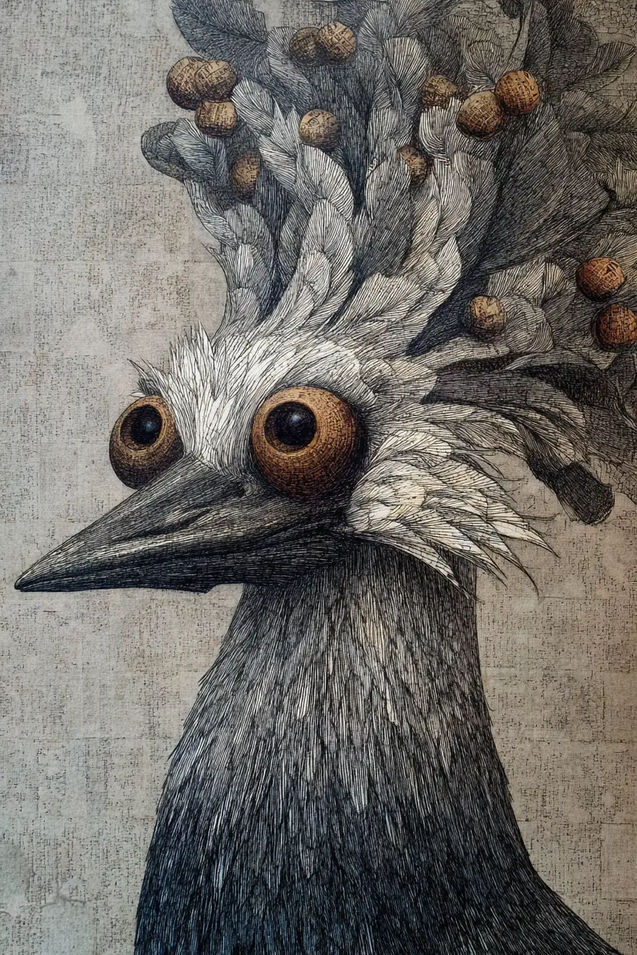 Happy surreal bird made of newspaper and hazel nuts