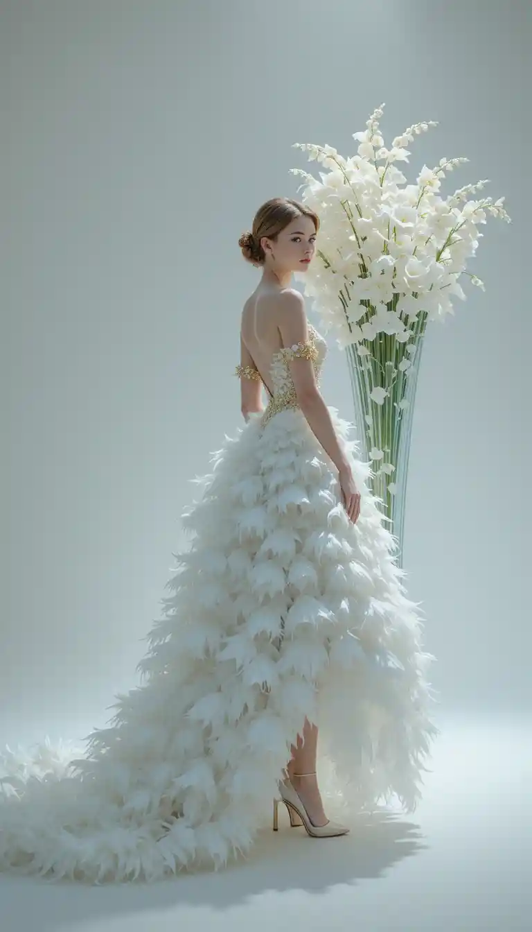 Elegante donna in abito bianco piumato con gigli luminosi