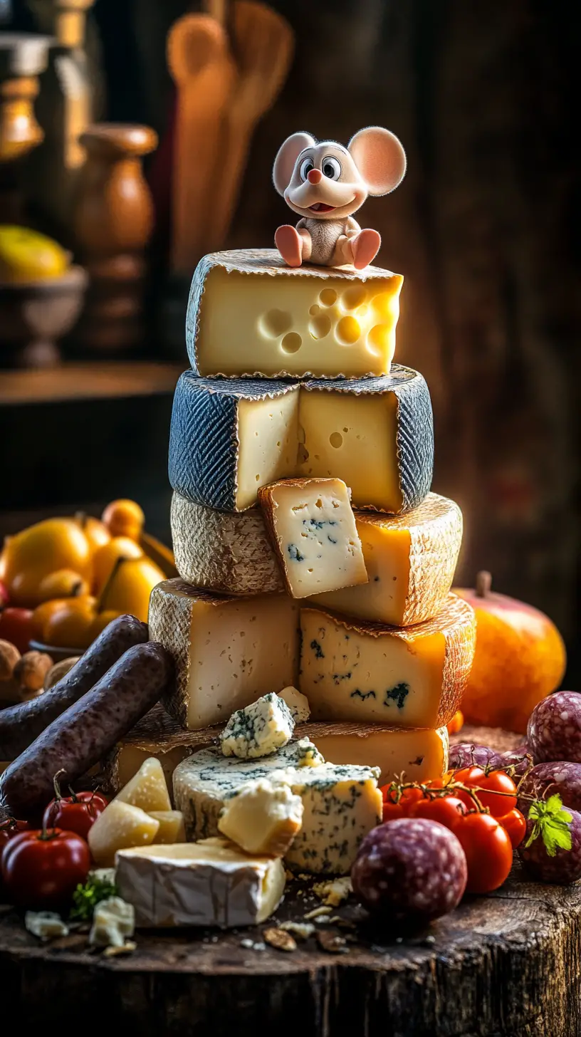 Cute mouse with gourmet cheese in an old rustic kitchen