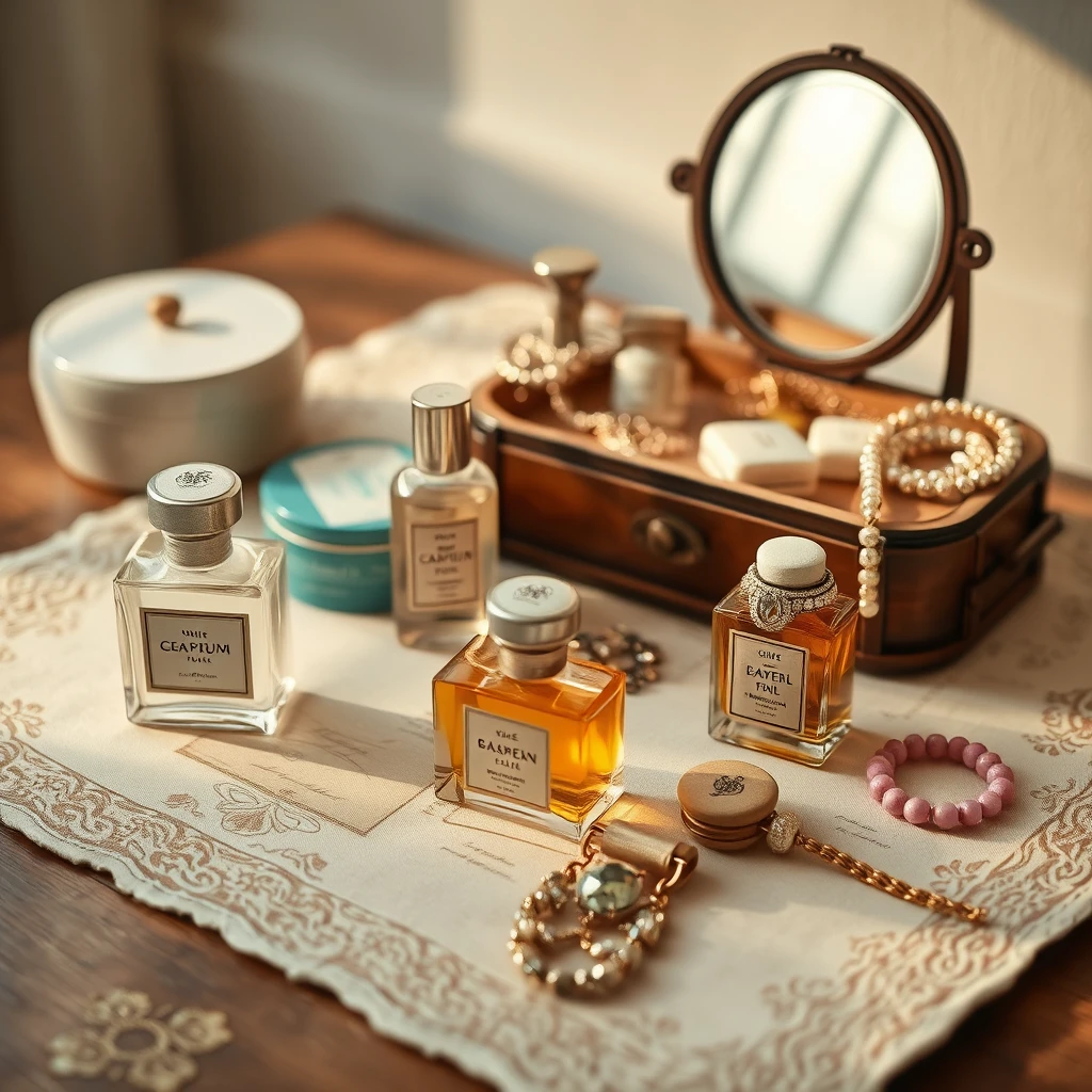 Vintage perfume bottles and cosmetics on elegant dresser