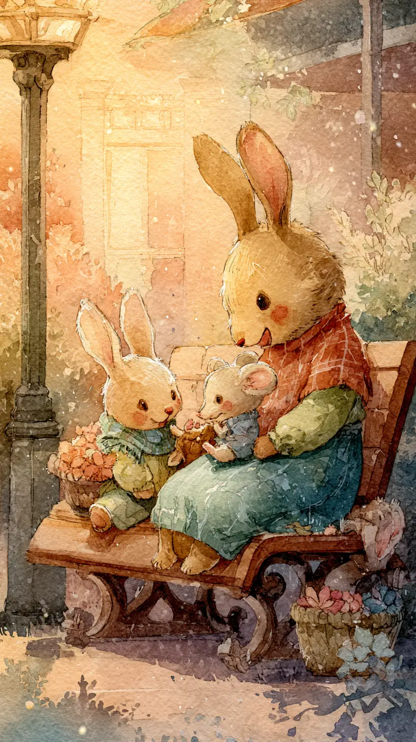 Easter rabbits on a bench at home at sunset