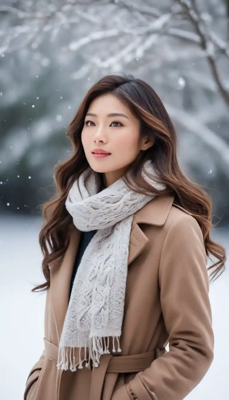 日本女子靜看冬日景色中的細雪飄落