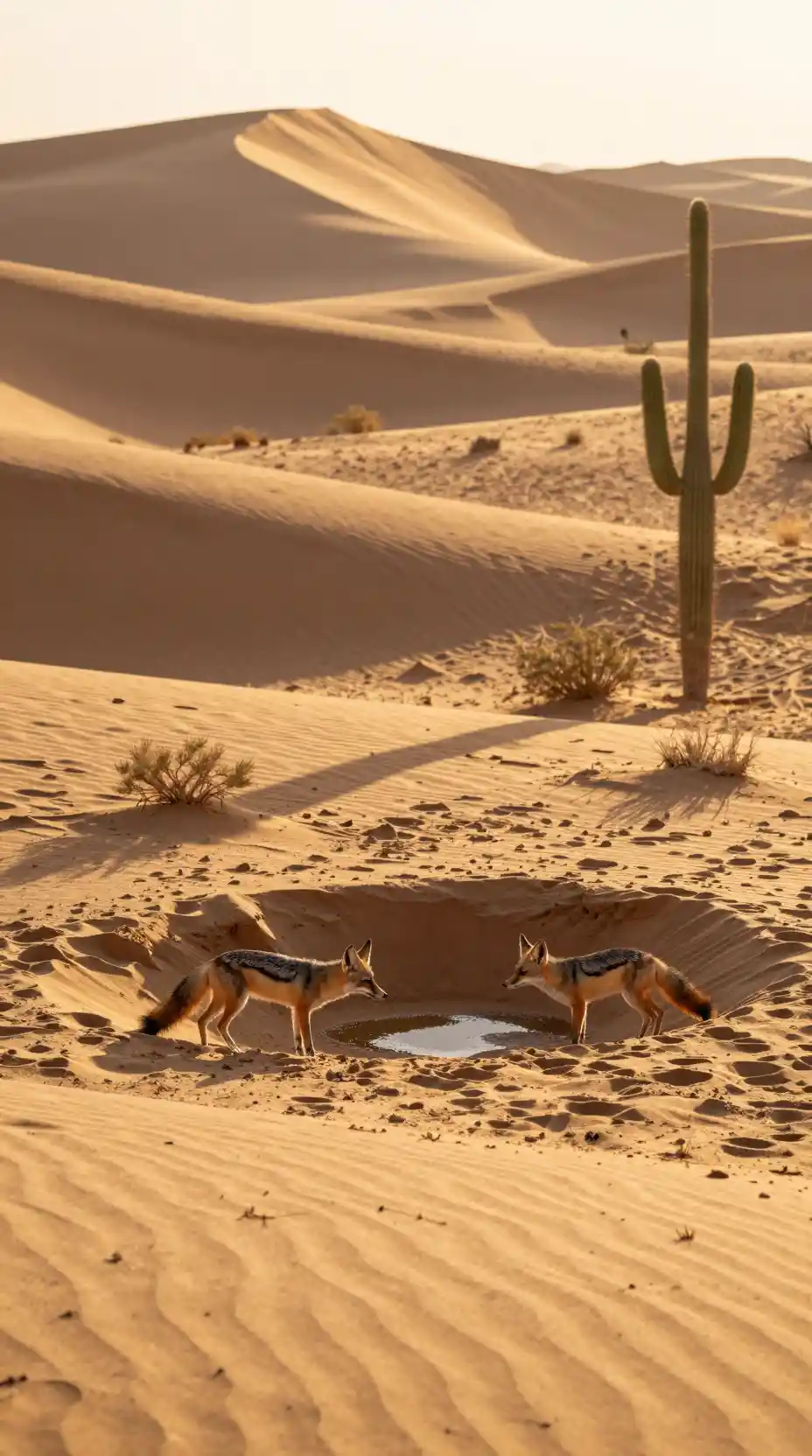 Desert foxes leaving burrows at a glowing sand dune oasis