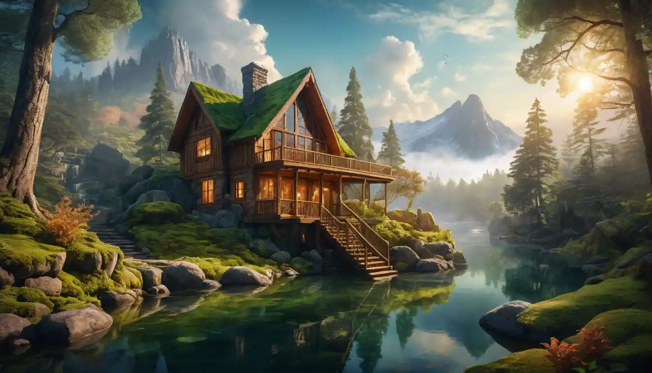 Sunlit forest cabin overlooking misty mountain valley