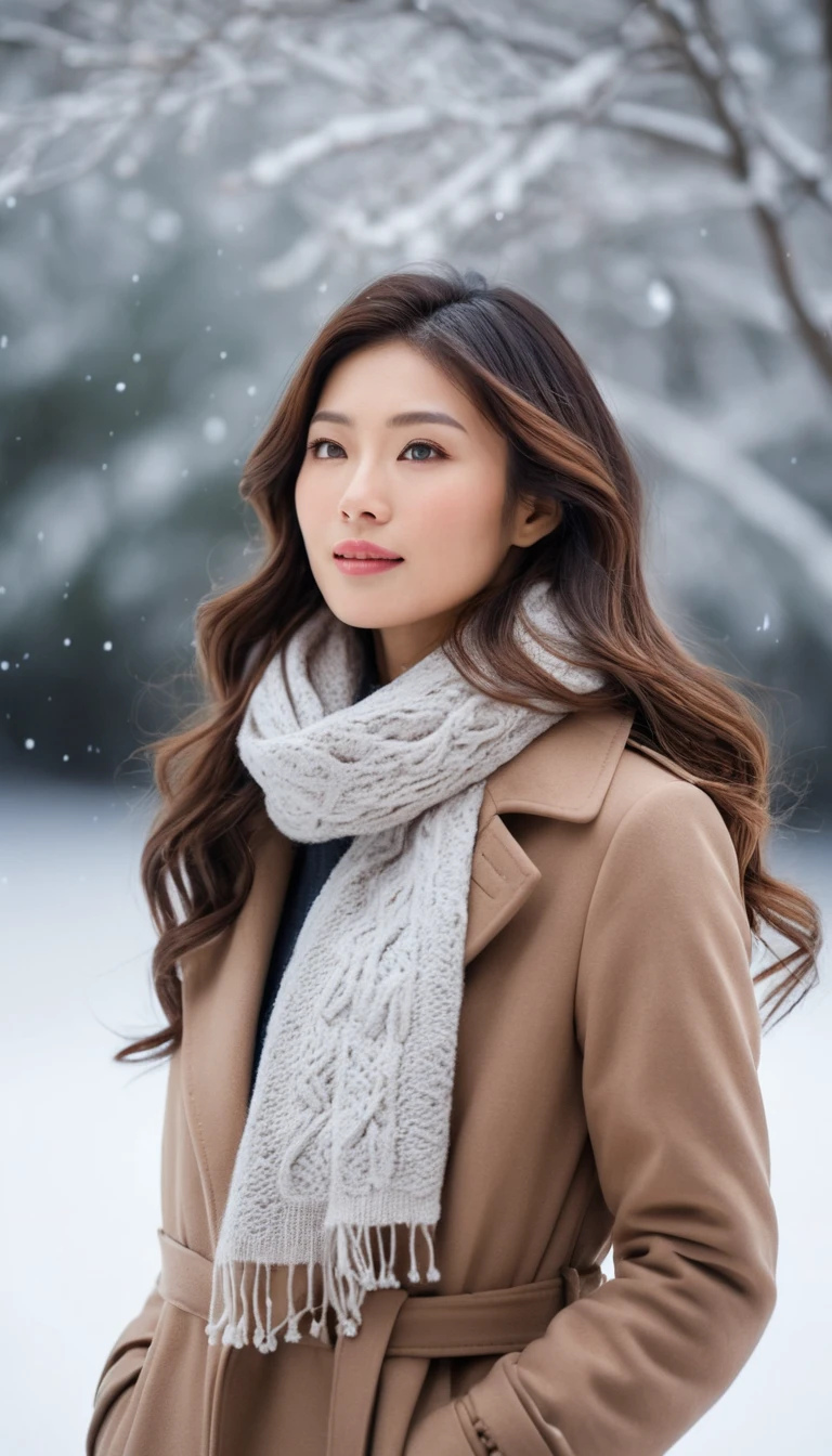 やさしい雪が降る冬景色を見上げる日本人女性