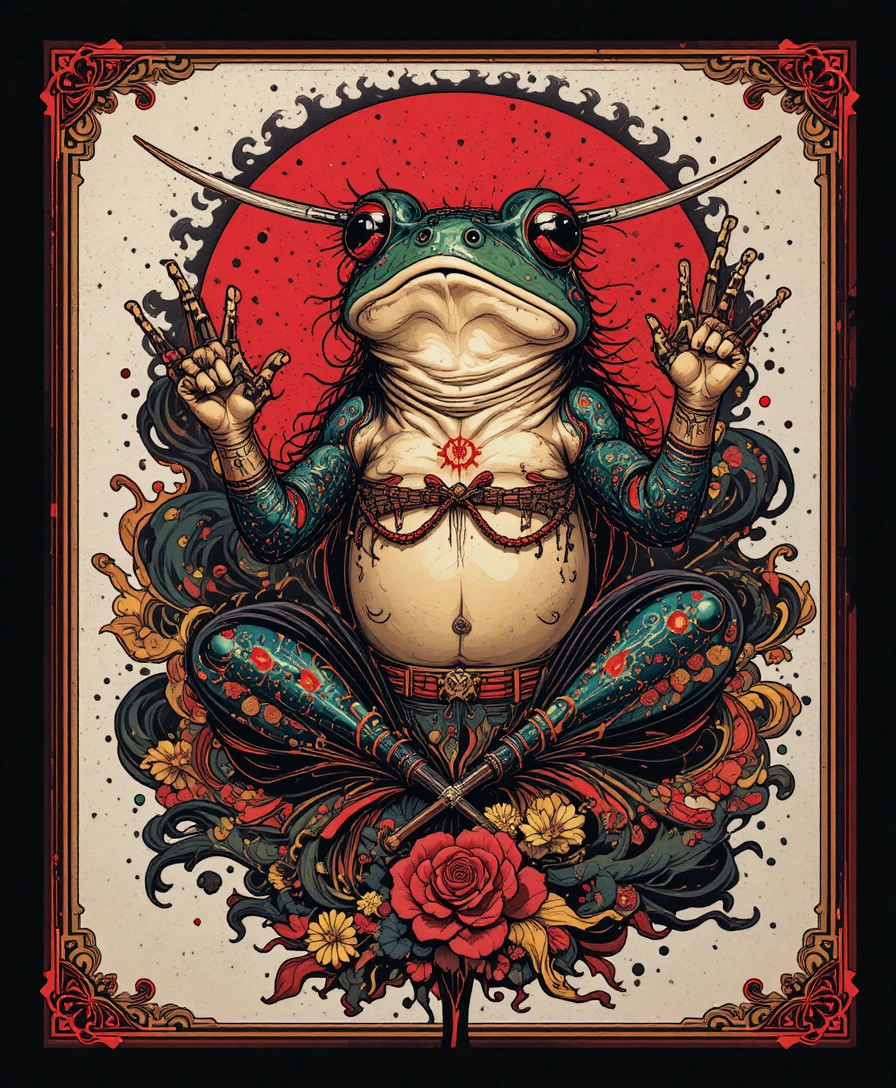 Grenouille rônin dans un tatouage japonais gothique et psychédélique
