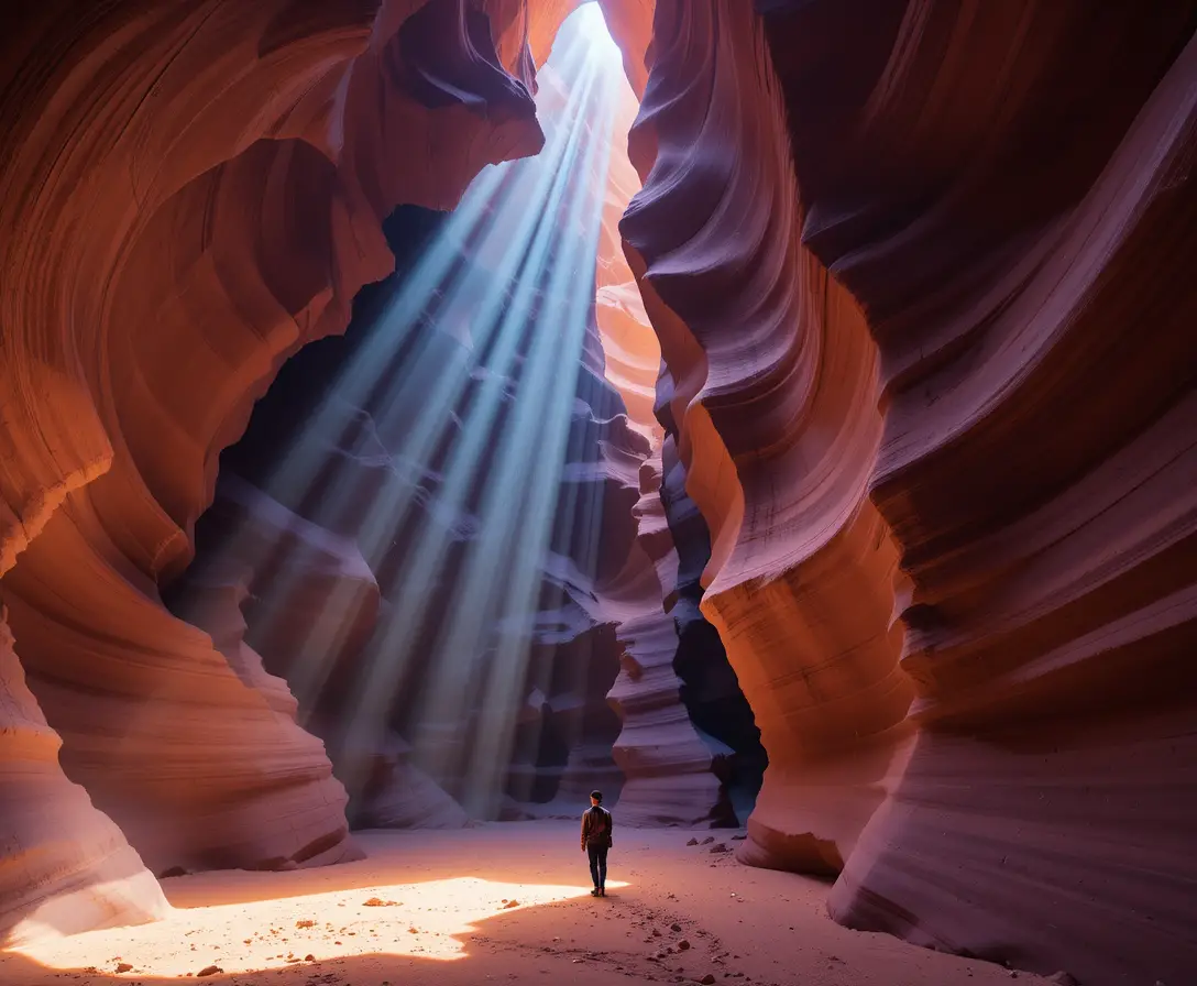 Sunlit beams cutting through the swirling walls of Antelope Canyon