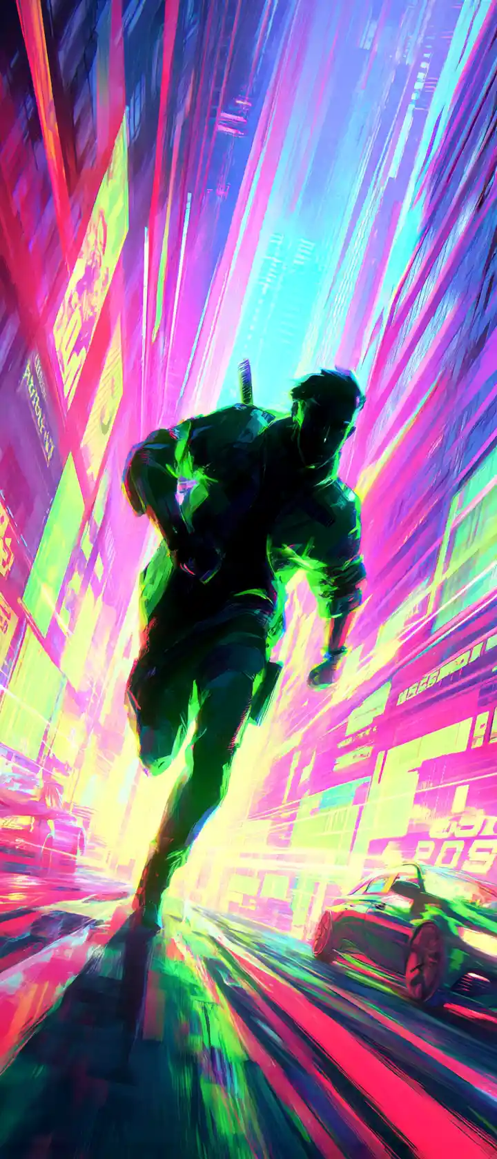 Cyber ronin sprinting through a neon drenched city walkway