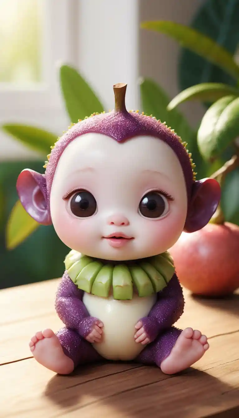Adorabile mascotte bebè di mangostano seduta su tavolo di legno
