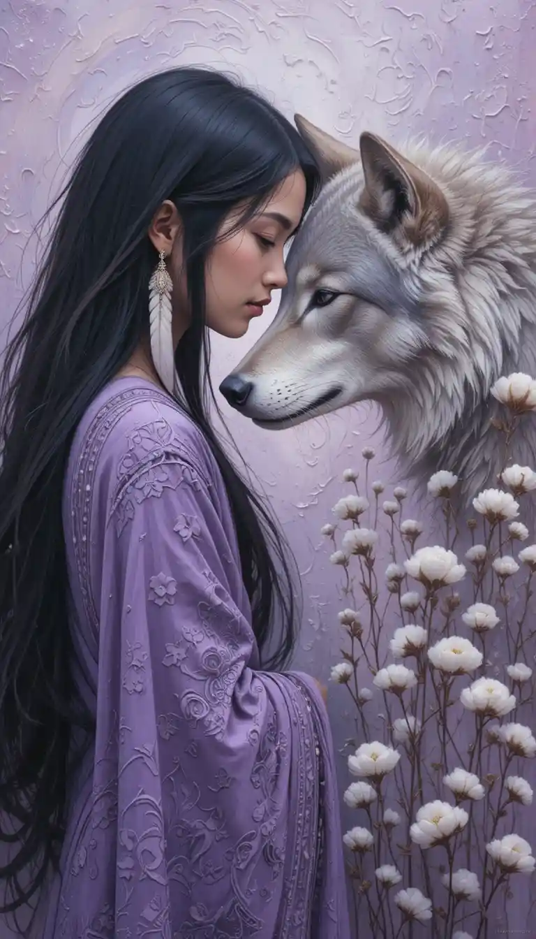 Indigenous woman gently touching a peaceful gray wolf