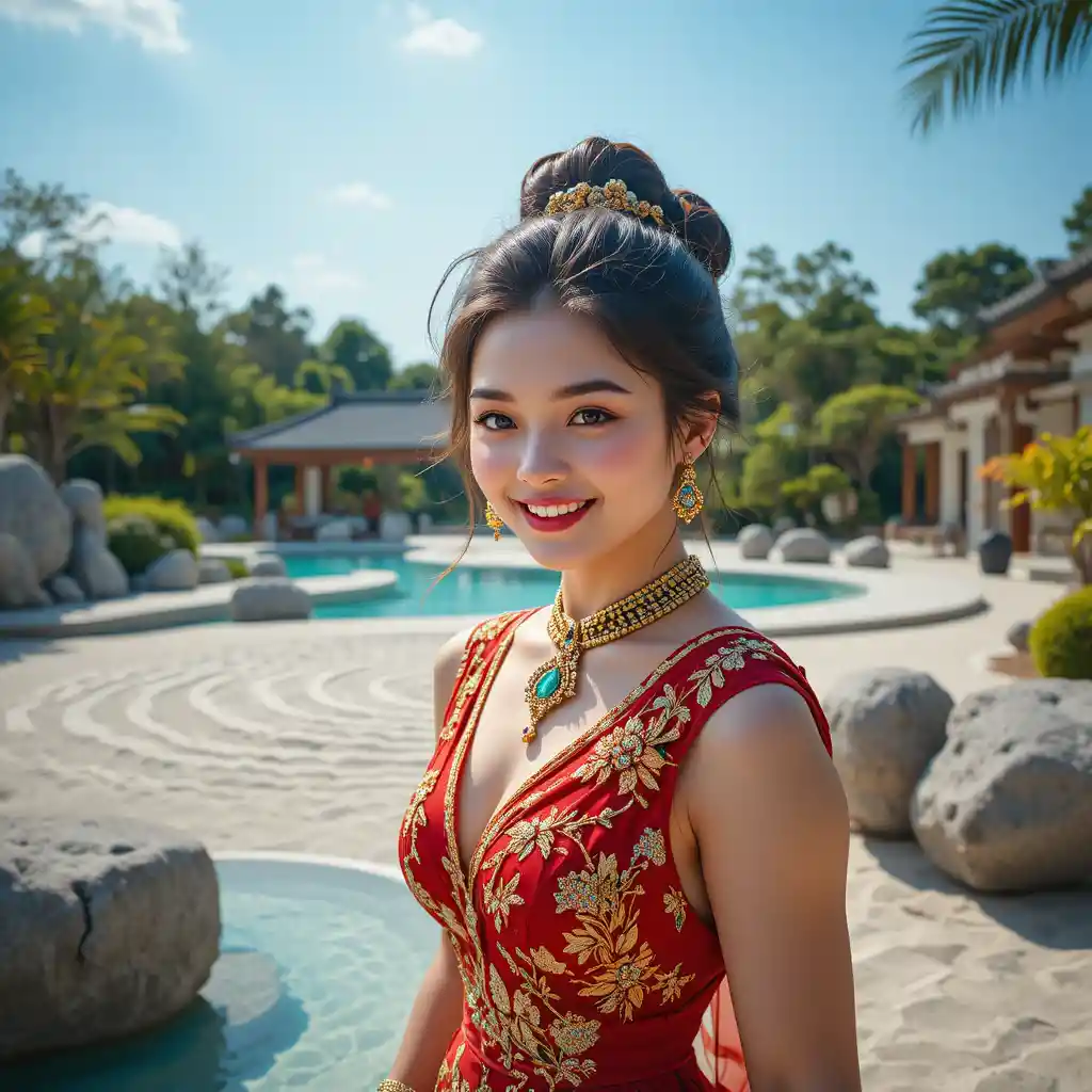 Joyful portrait of a girl in red thai wedding dress