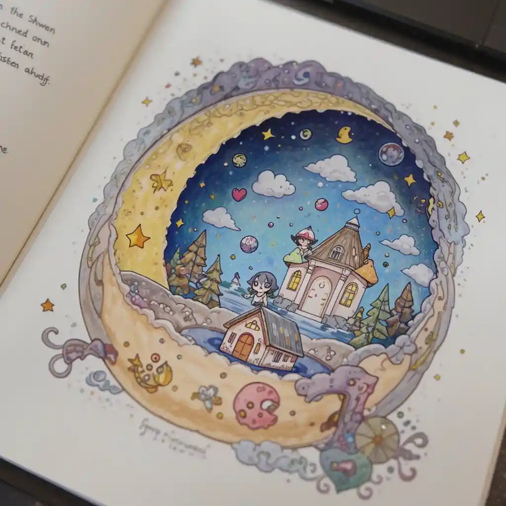 Cute creature on a crescent moon swing in a dreamy sky