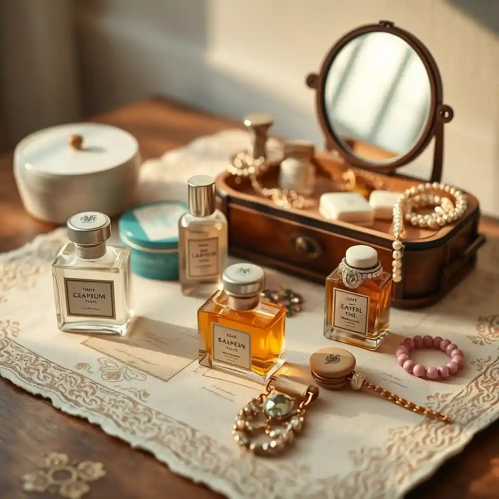 Flaconi di profumo vintage e cosmetici su un elegante comò