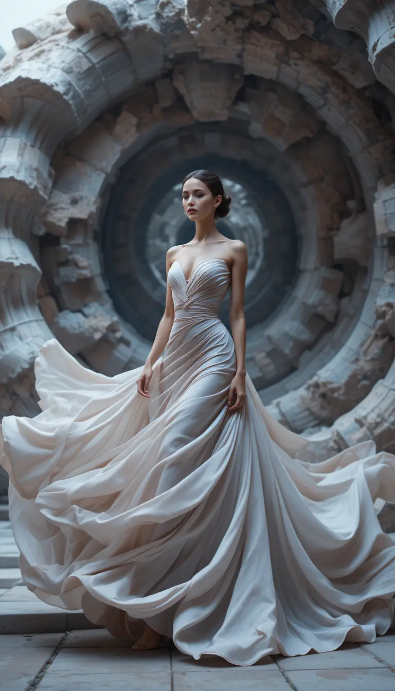 Vestido de alta costura que fluye en una espiral inspirada en Fibonacci