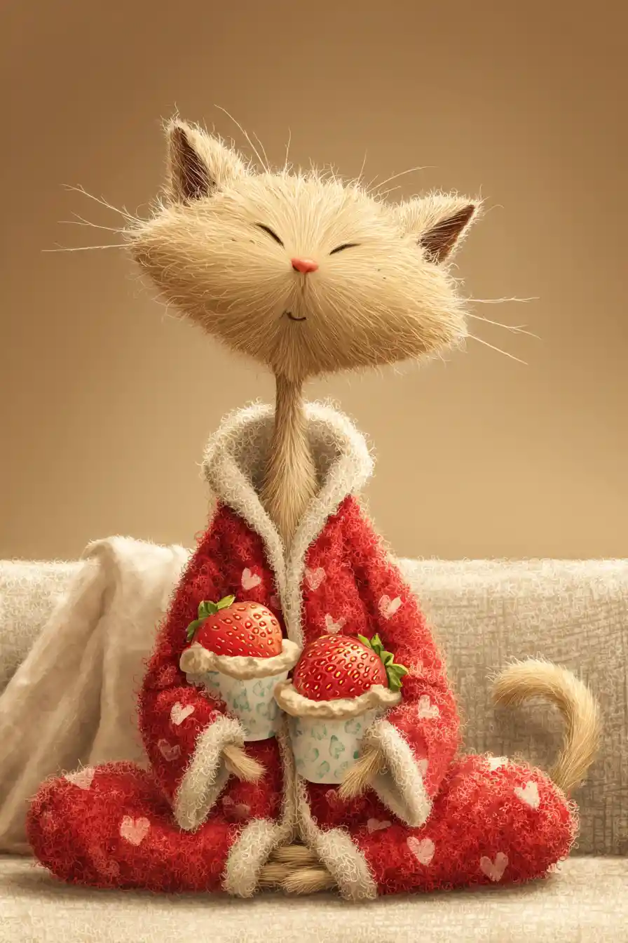 Cute cat in strawberry onesie enjoying muffins on sofa