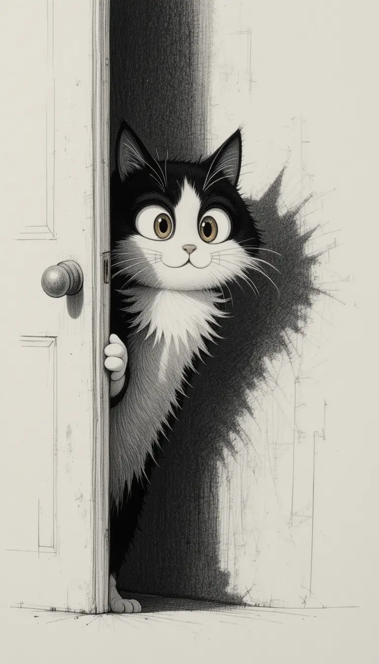 Gato de dibujos animados asomado tras una puerta con ramo de gatitos