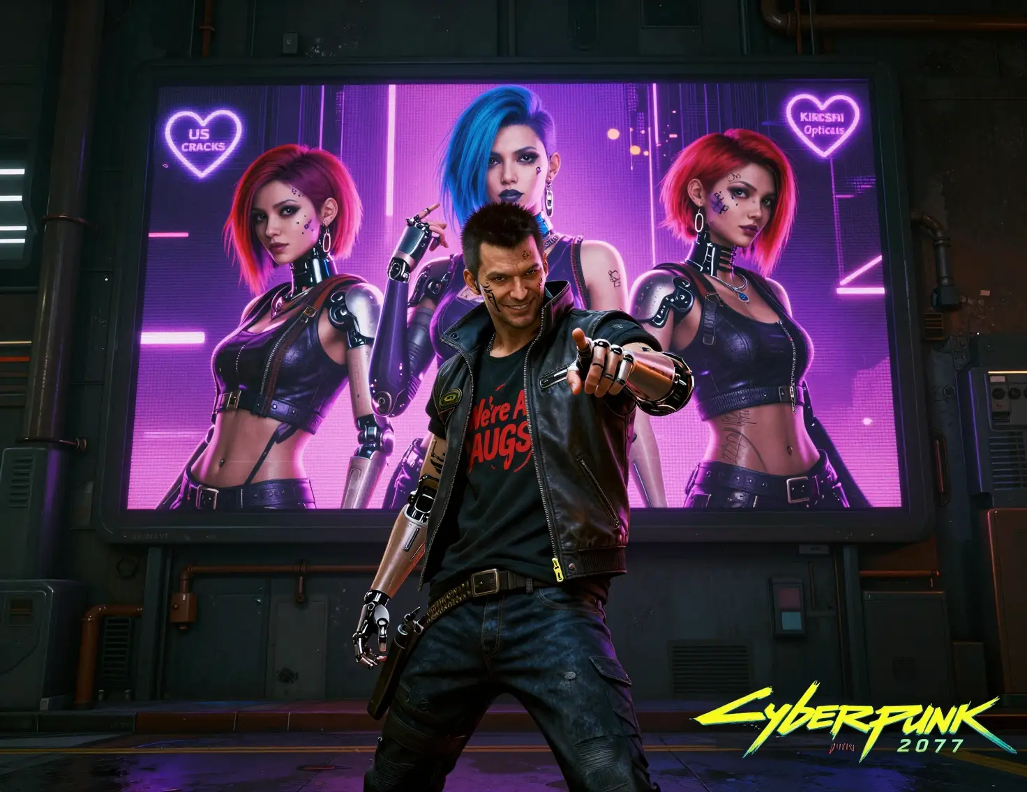 Cyberpunk-Cyborg-Mann posiert auf neonbeleuchteter Stadtstraße