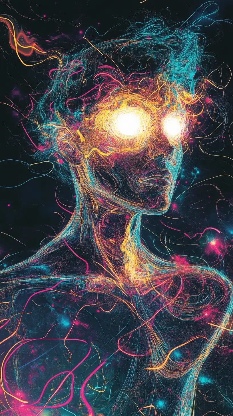 Abstract glowing figure with luminous eyes in vibrant colors