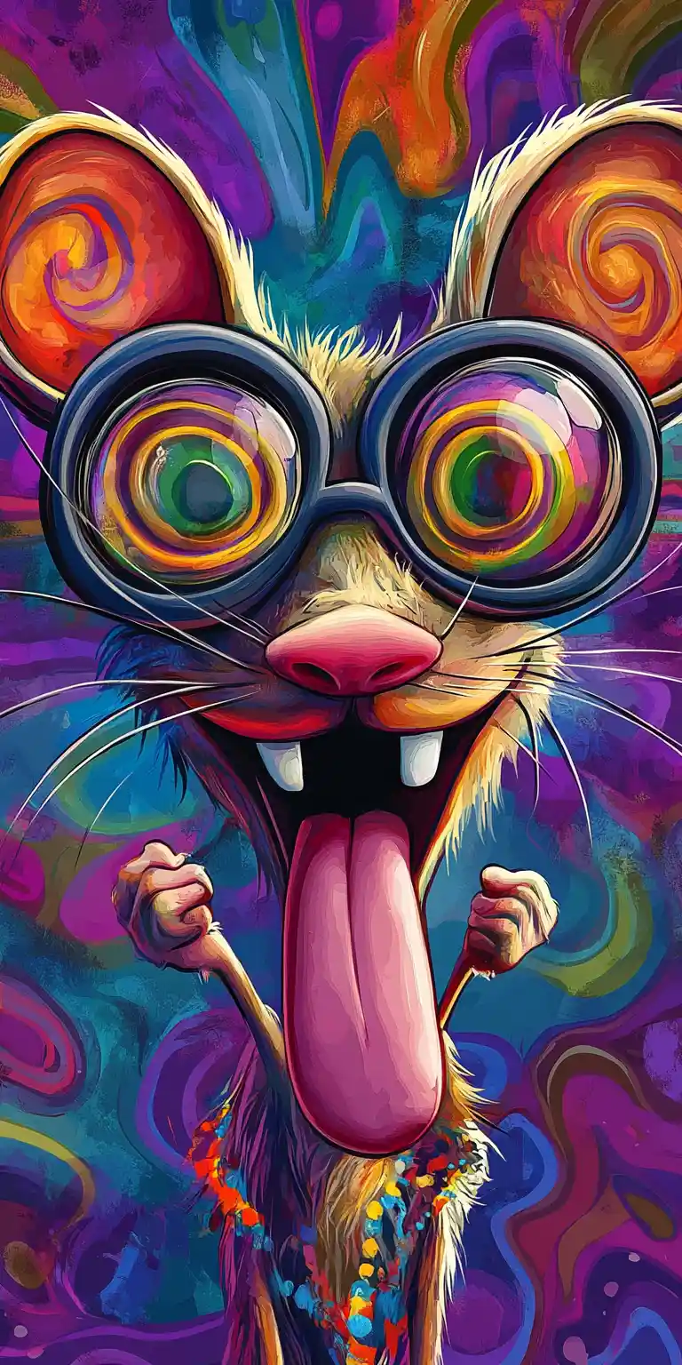 Crazy cartoon mouse with giant spiral glasses close up