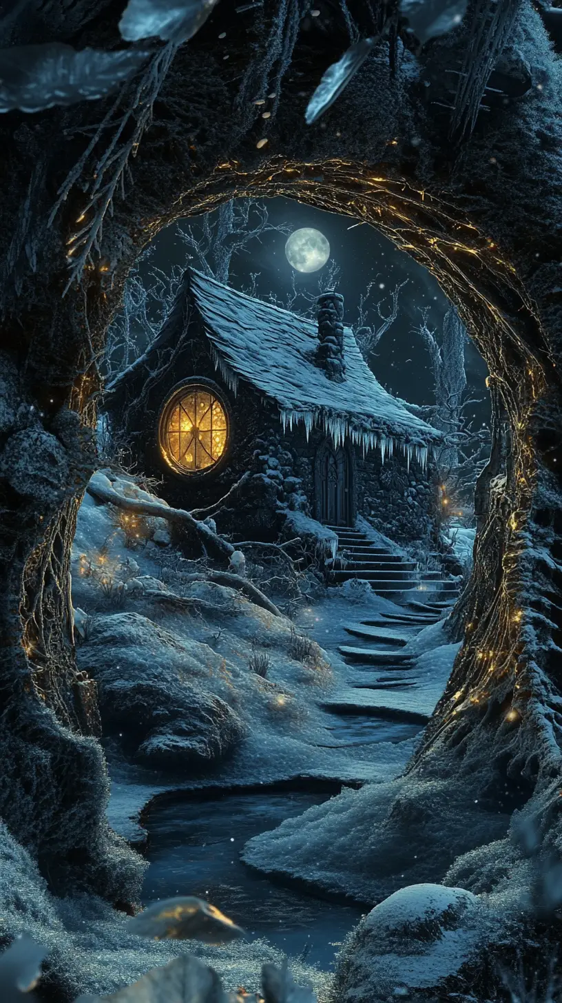 Dark fantasy winter cottage within a giant leaf silhouette