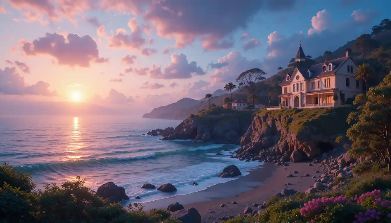 Serene coastal landscape with soft magical ambient light