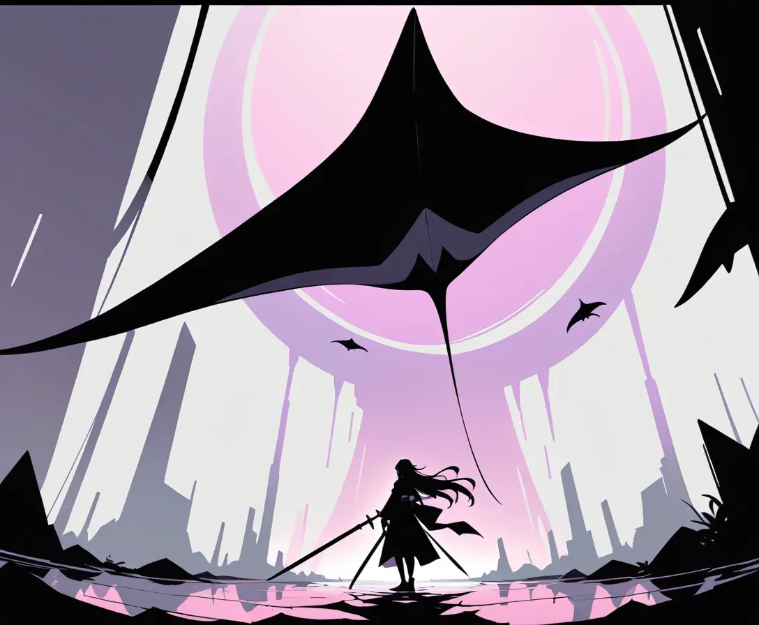 Einsamer Ronin unter der Silhouette eines riesigen Mantarochens