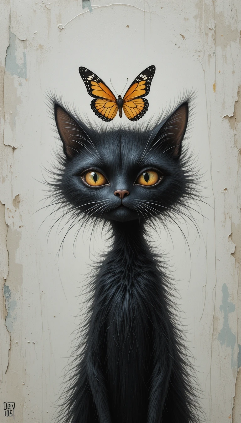Chat de dessin animé sombre avec un papillon sur la tête