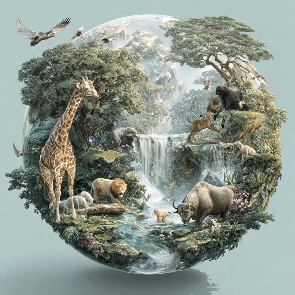 Split sphere world with diverse animal ecosystems