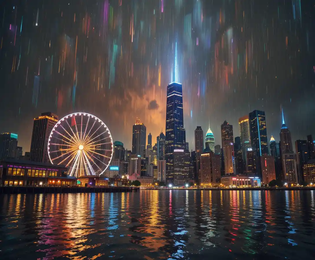 Skyline di Chicago sotto la pioggia con riflessi arcobaleno prismatici