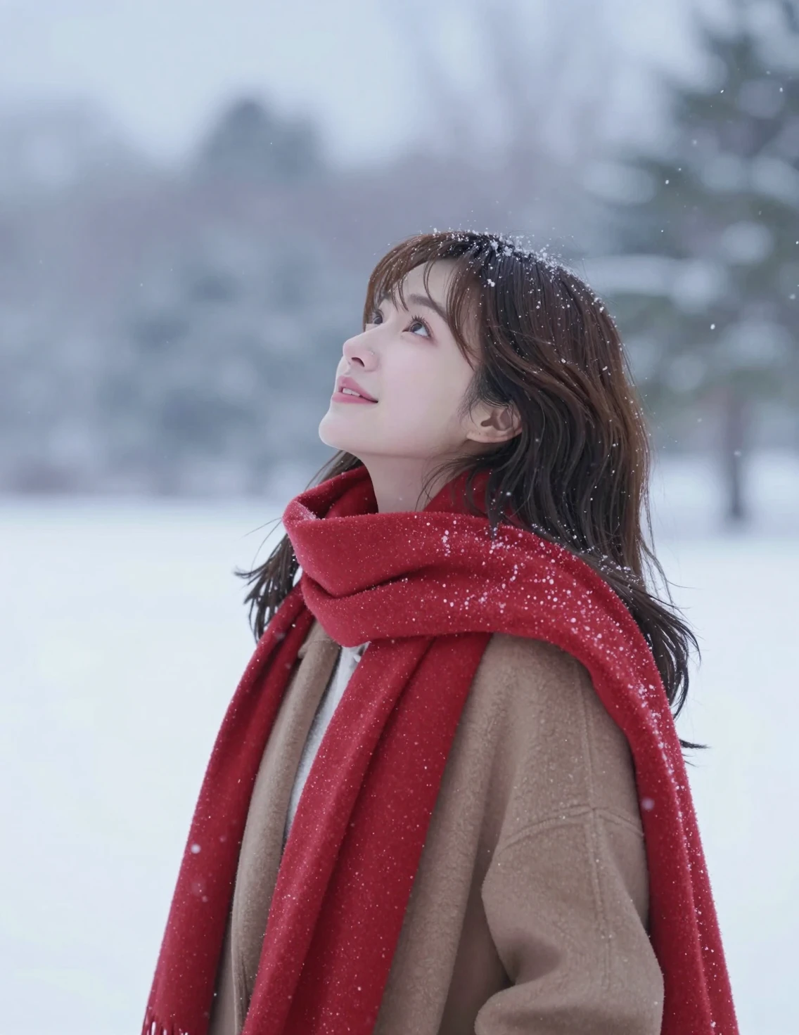 Japanische Frau mit rotem Schal beobachtet sanften Winterschnee