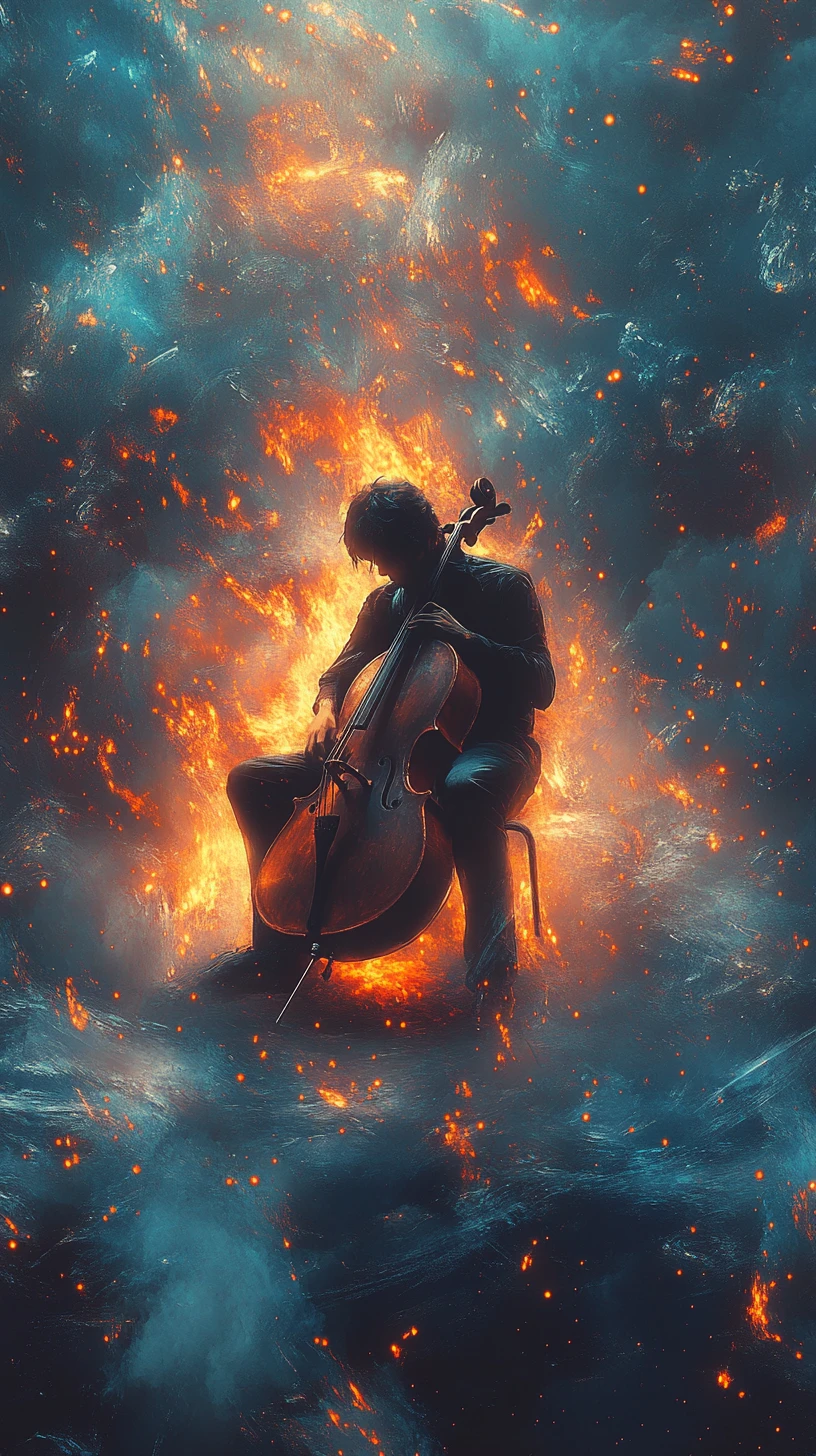 Violonchelista solitario en un vacío cósmico oscuro con resplandor de fuego