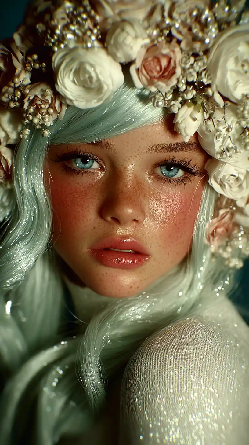 Dreamy Portrait Of A Woman With Floral Green Hair