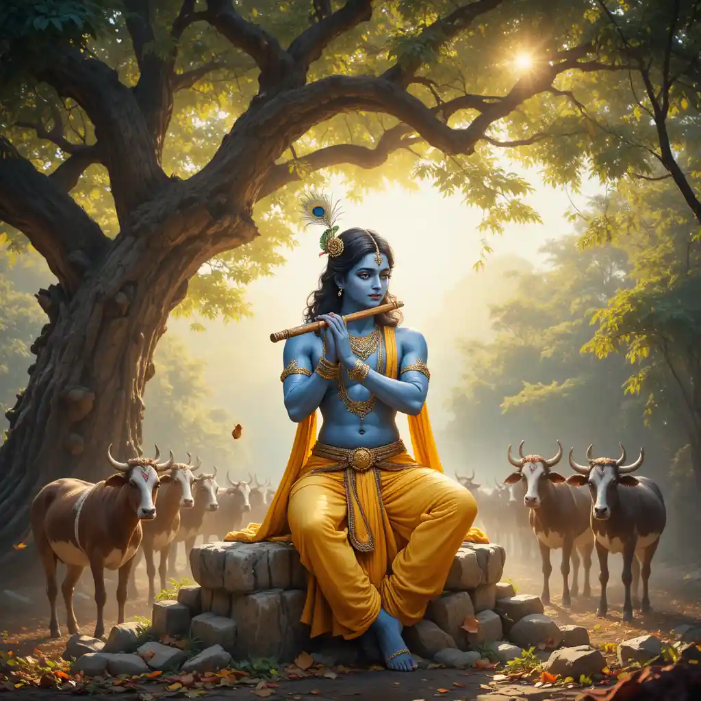 Lord Krishna playing flute beneath a tranquil banyan tree