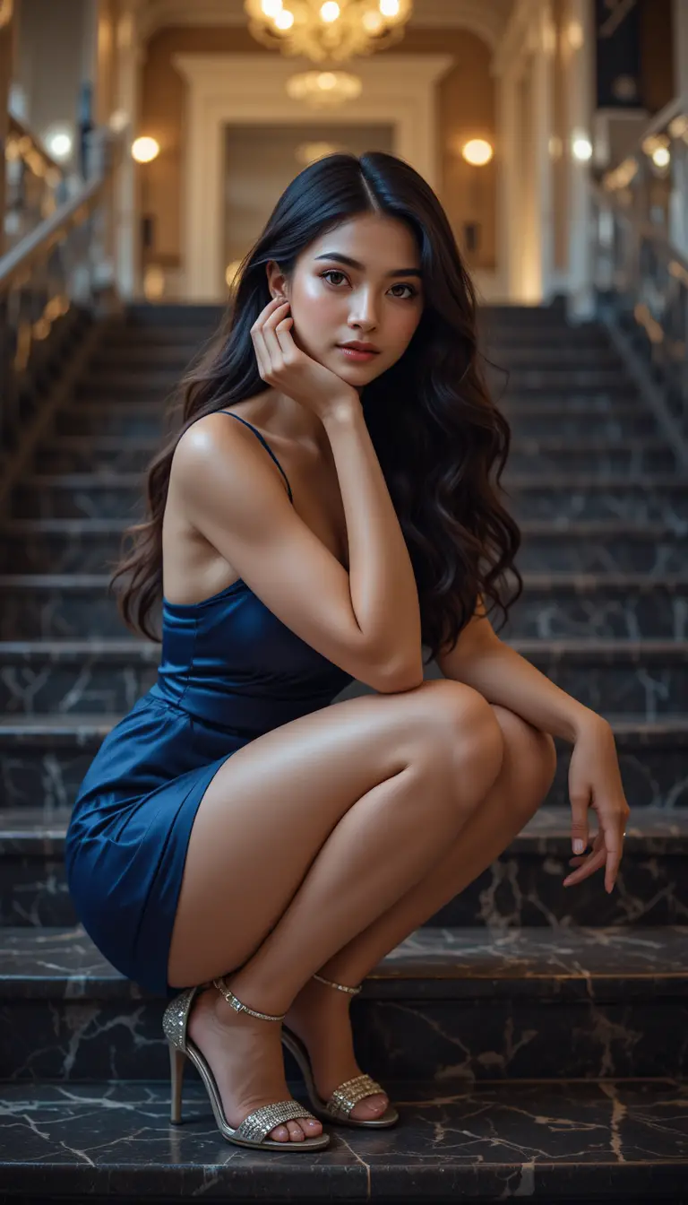 Elegant Indian woman on marble stairs in navy mini dress