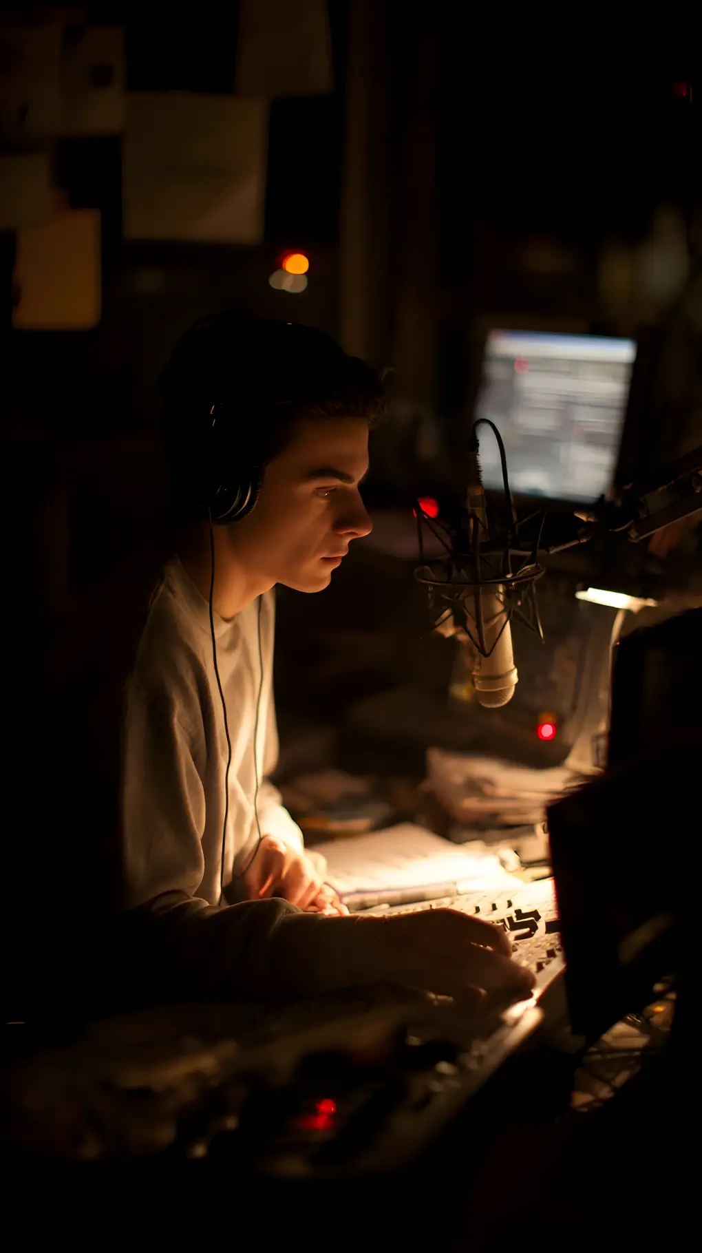 Midnight radio host in a dim smoke filled studio