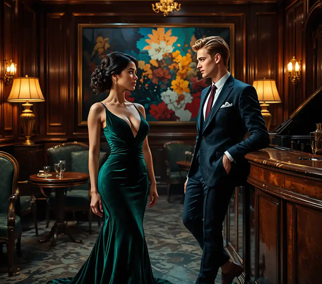 Elegant couple in art deco bar with intimate atmosphere