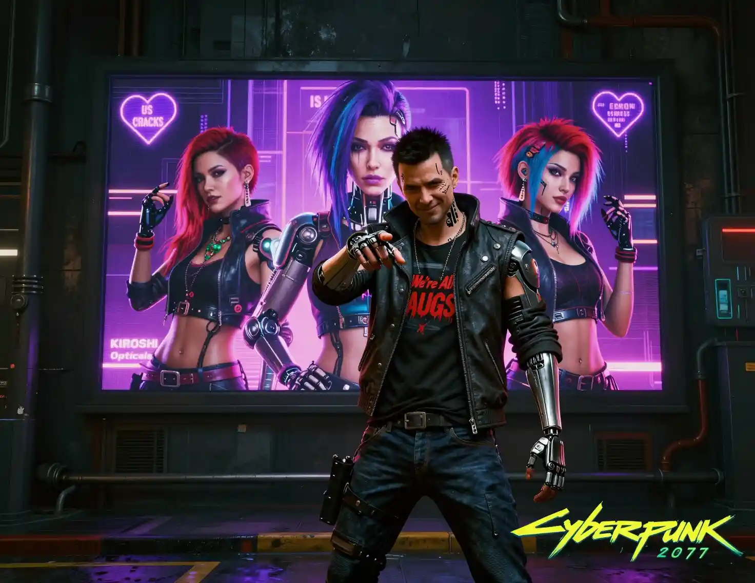 Cyberpunk man posing playfully on a neon city street