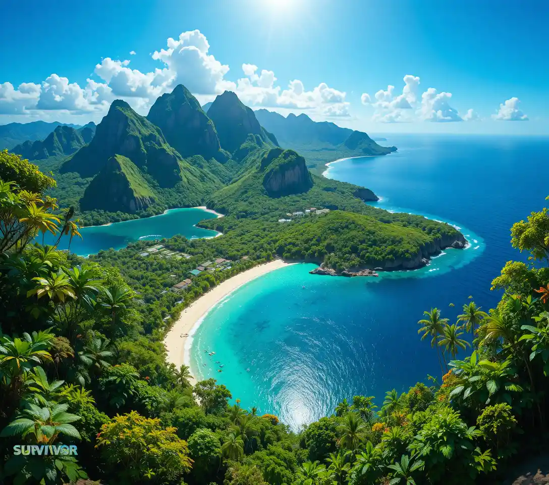 Aerial view of lush tropical island and turquoise sea