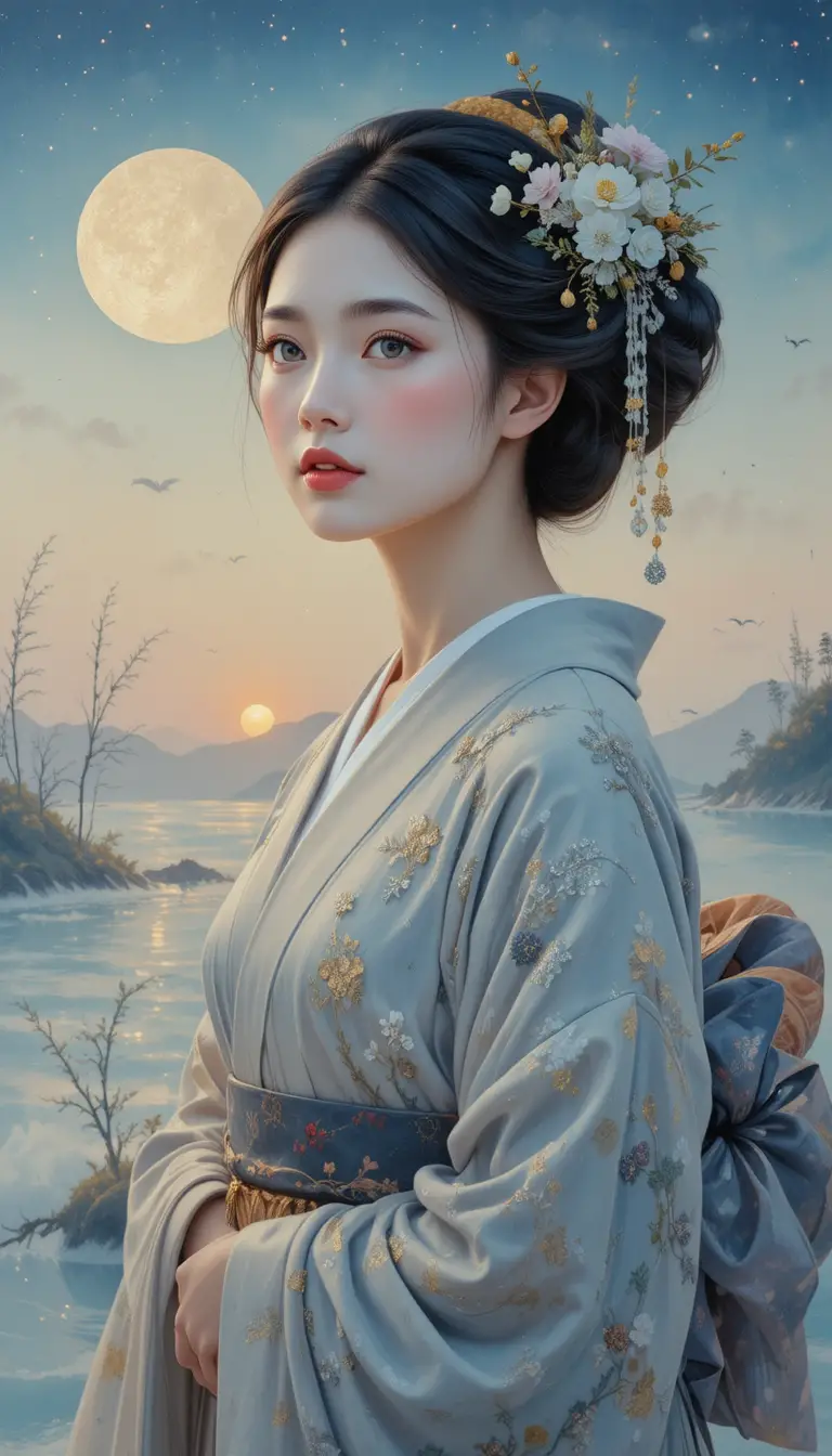Traditionelle japanische Geisha, die leise in der Morgendämmerung geht