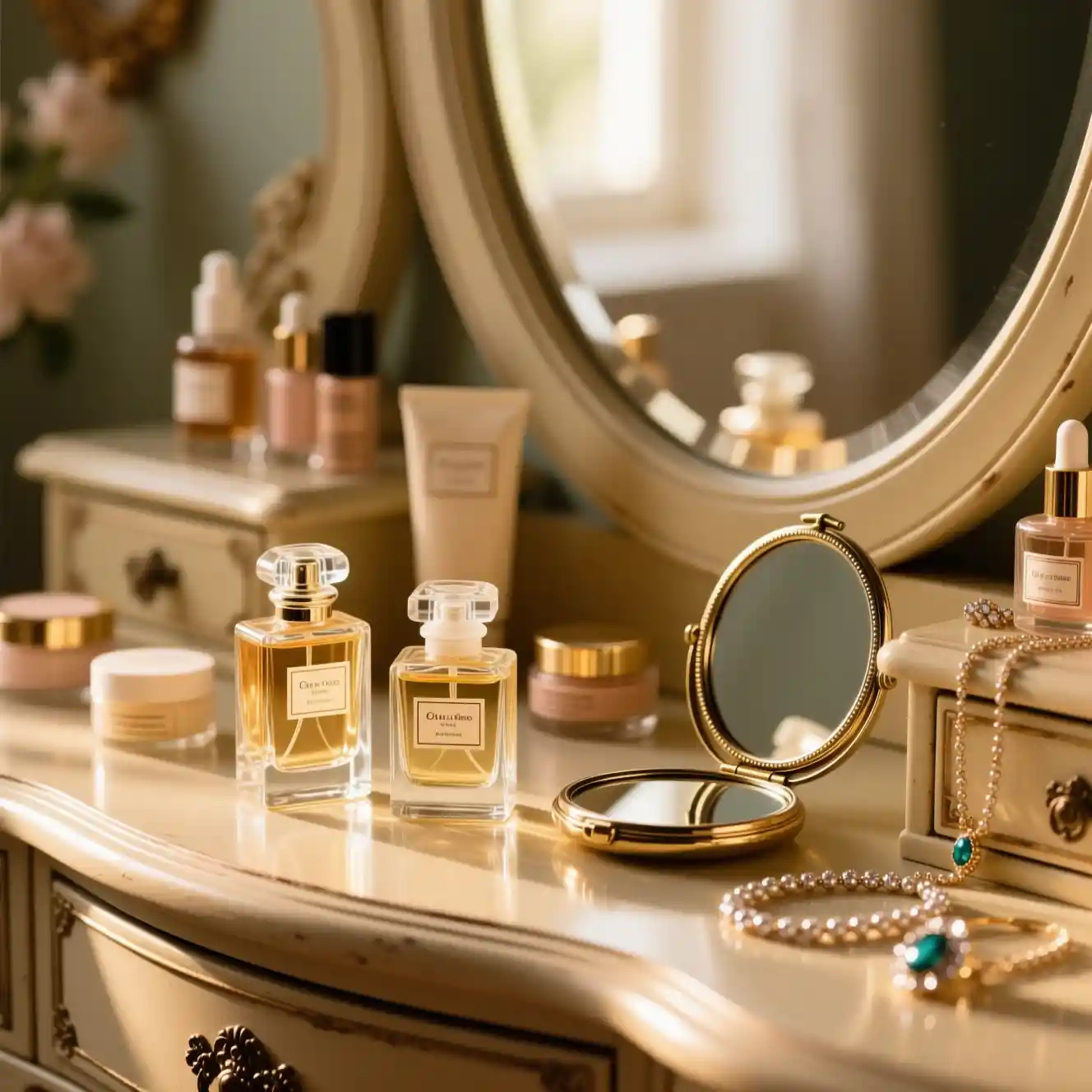 Vintage perfume bottles on a softly lit vanity table