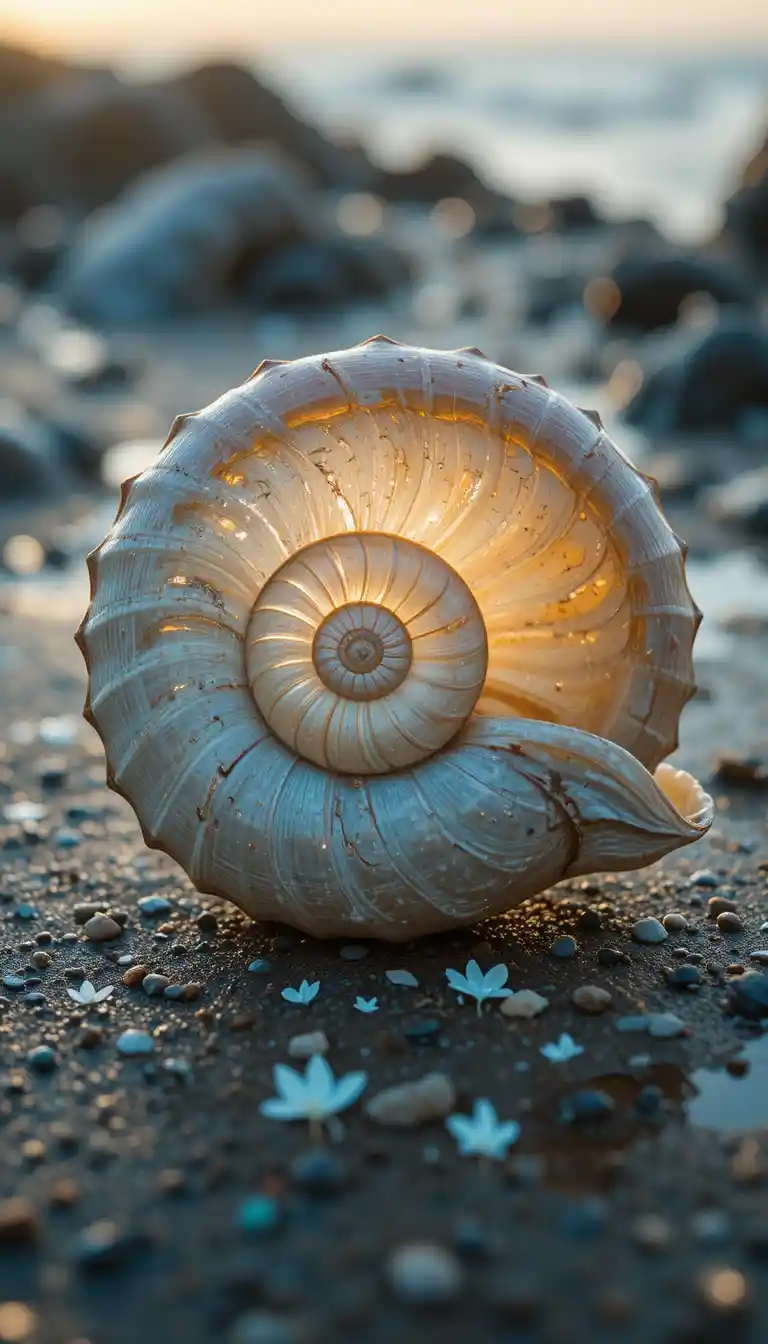 Macro nautilus shell on wet beach with soft golden light