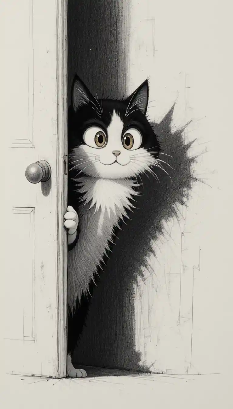 Cartoon cat peeking from behind a door with kitten bouquet
