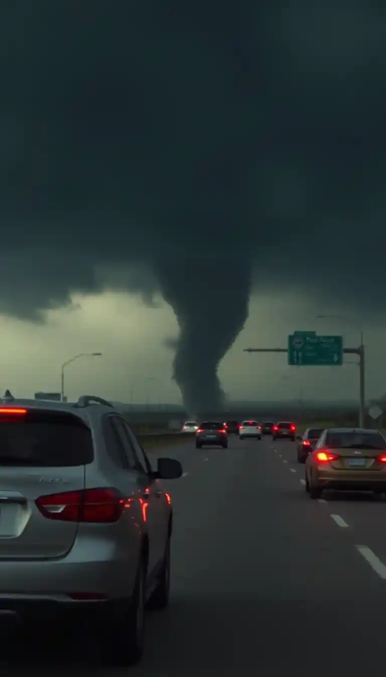 Dunkler Tornado überquert nahe an Autos auf der Interstate